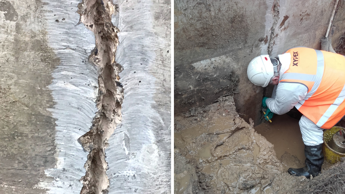 (left) Crack preparation with jack hammer in “U” shape slot and (right) placing a bleeder hose into the cavity - Courtesy of South East Water