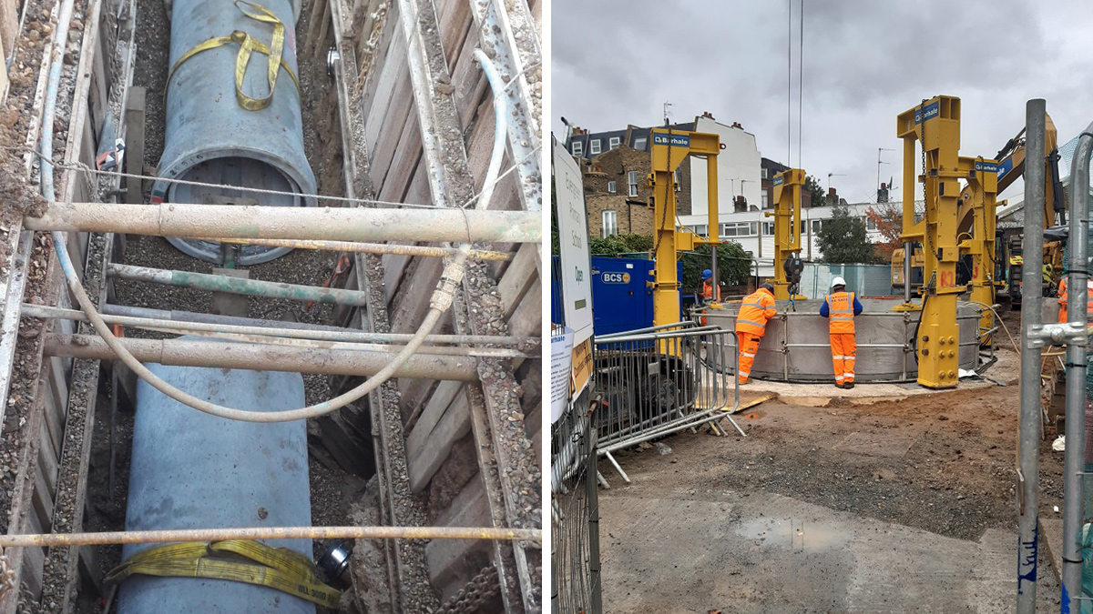 (left) Laying the 900mm rider sewer in Bradbourne Street, and (right) Purser's Cross Road shaft sinking - Courtesy of Barhale