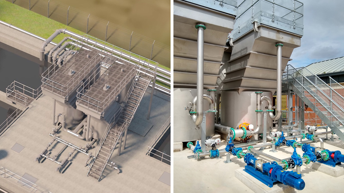 Lamella installation (left) 3D rendering and (right) as built - Courtesy of Wessex Water