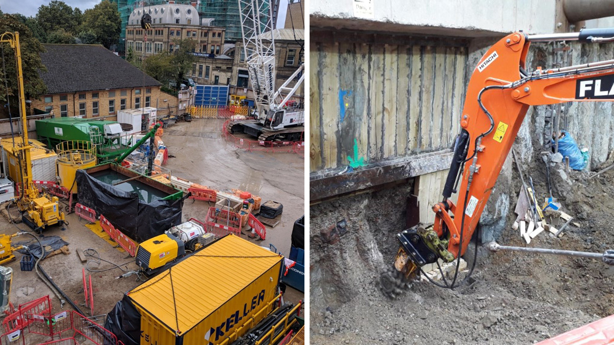(left) Figure 8: Jet grout setup on site at FALPS and (right) Figure 9: First tier of timber installed; jet grout being trimmed back to allow for the second tier - Courtesy of FLO JV