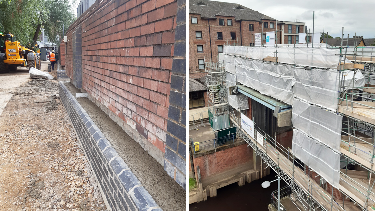 (left) Works to the base of the floodwall included thickening the concrete stem to more than 500mm and (right) scaffolding has been erected around the Foss Barrier to enable decommissioning - Courtesy of JBA Bentley