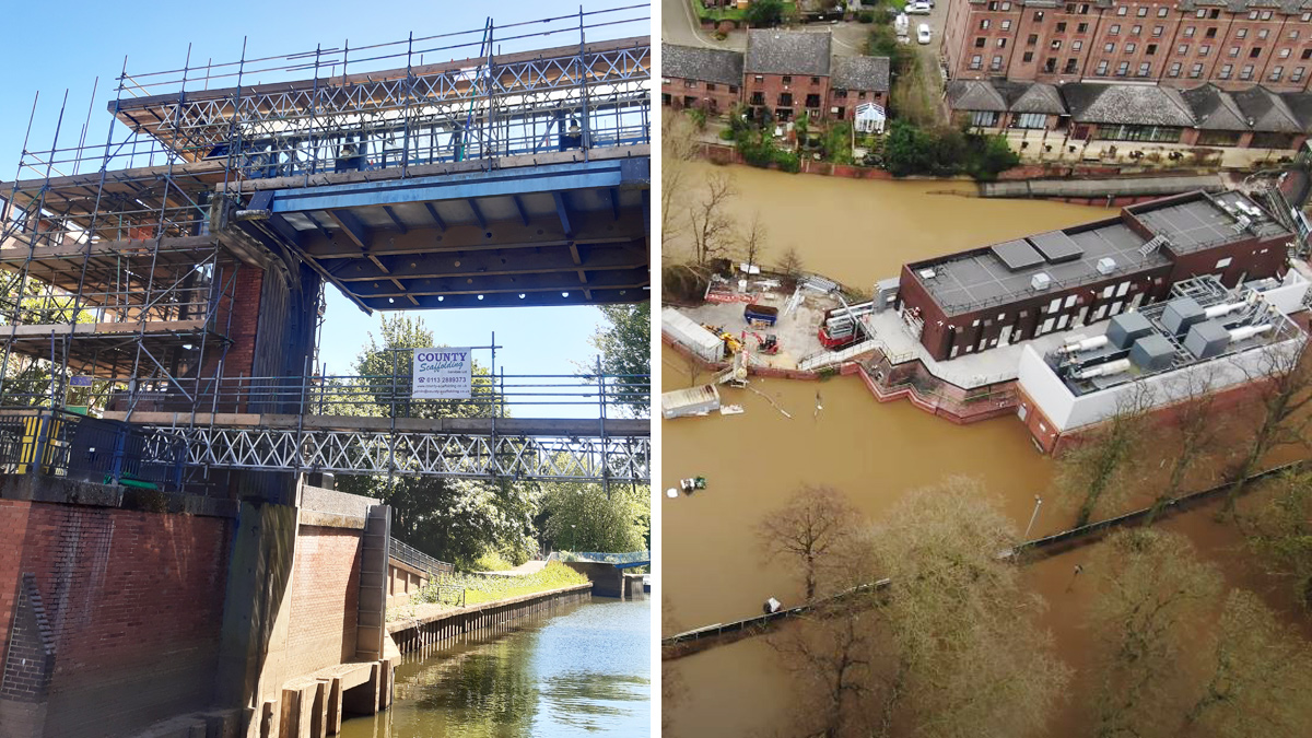 (left) The Foss Barrier and (right) flooding: February 2020 - Courtesy of JBA Bentley