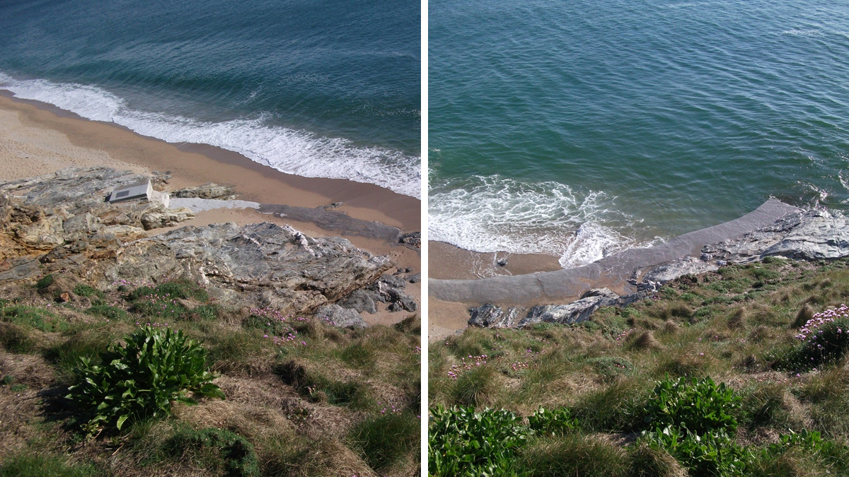 (left) existing tunnel below cliff and (right) existing tunnel outlet into Mounts Bay - Courtesy of Arcadis