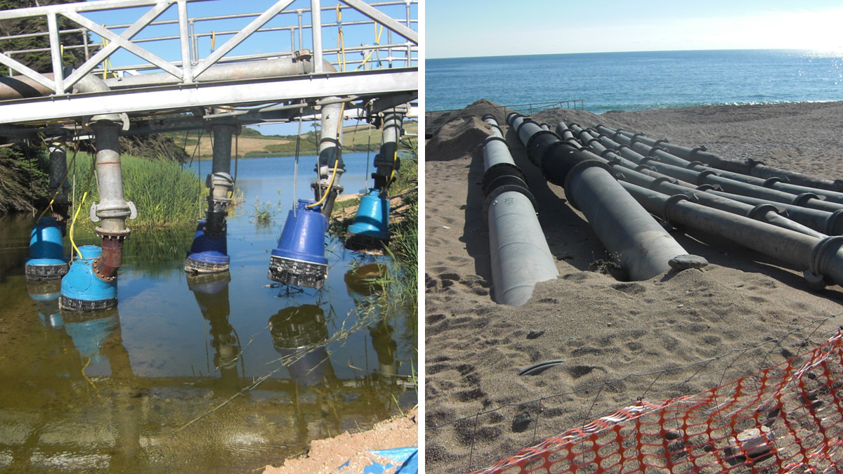 (left) Electric submersible pumps supported from temporary bridge over inlet approach channel and (right) pipeline pumping to the sea - Courtesy of Arcadis