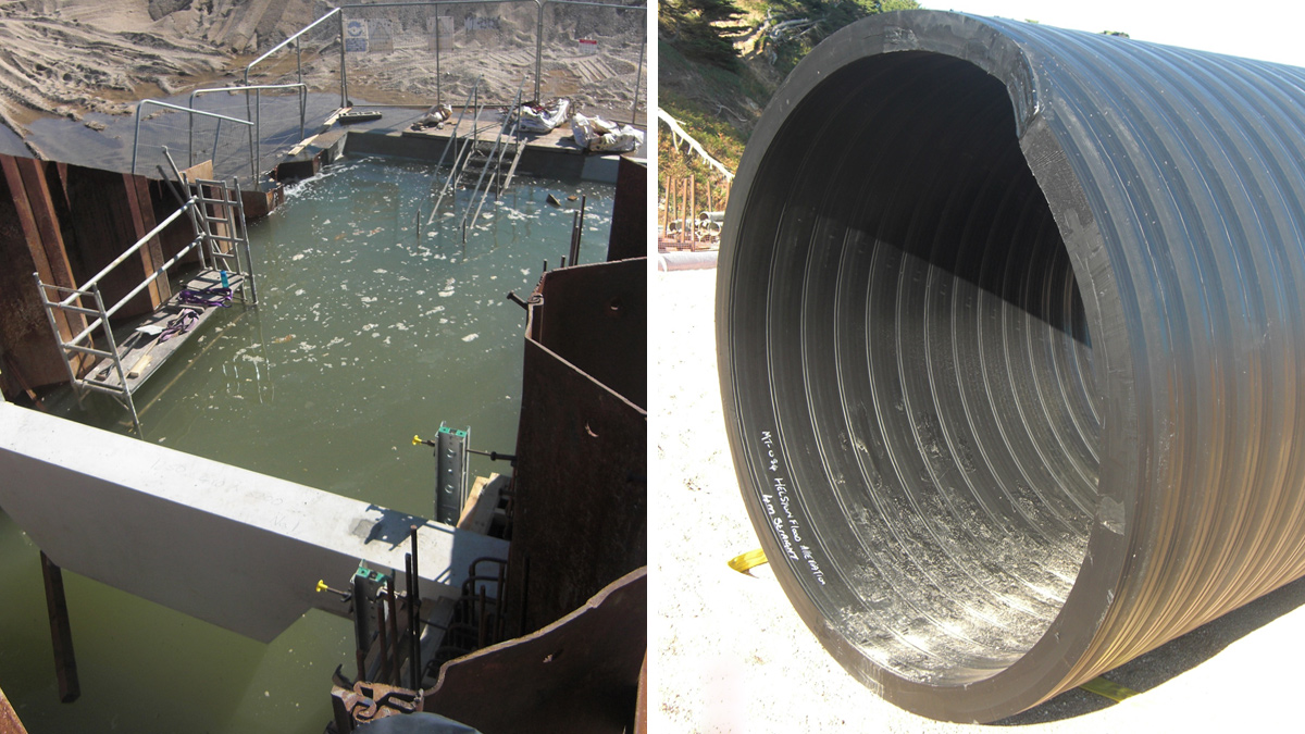 (left) Outlet energy basin and baffle wall and (right) Weholite pipe - Courtesy of Arcadis