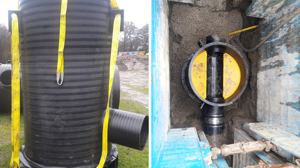 (left)manhole delivered pre-slung ready for installation and (right) pre-benched manhole base installation - Courtesy of MMB