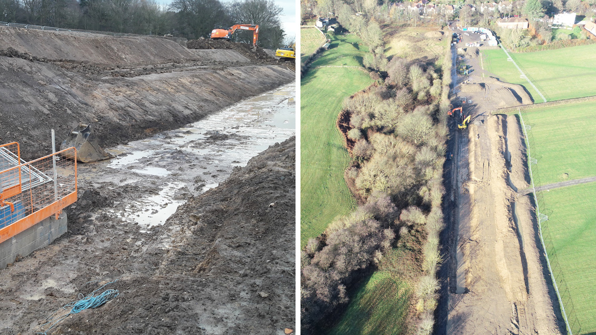 (left) Installation of 6m deep sewer and (right) aerial view of outlet sewer installation - Courtesy of MMB
