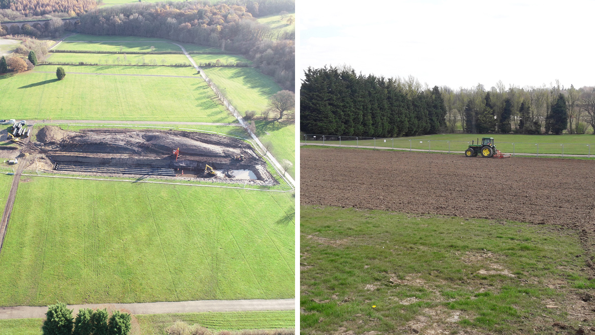 (left) Construction within Great Yorkshire Showground  and (right) reinstatement of the show ground - Courtesy of MMB