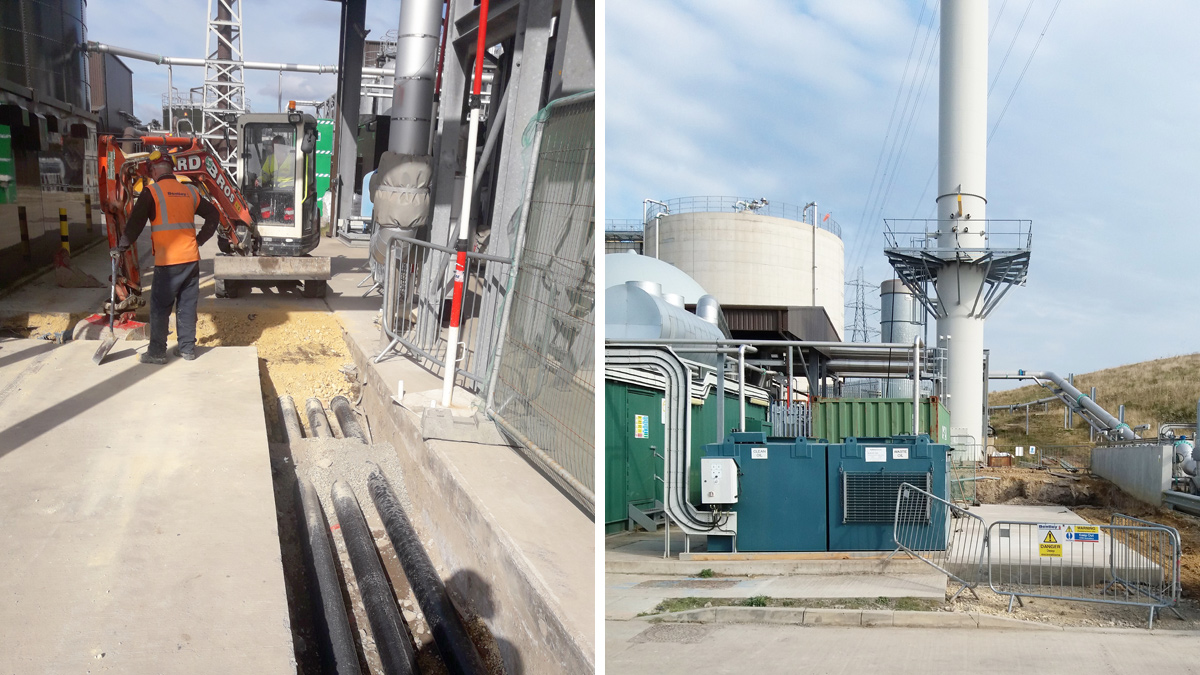 (left) Installation of new ducting for HV cables from the engine to the substation and (right) completed construction of the slab - Courtesy of MMB