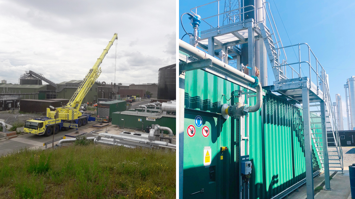 (left) Taking delivery of the engine container - Courtesy of MMB, and (right) access platform to the exhaust - Courtesy of NWL
