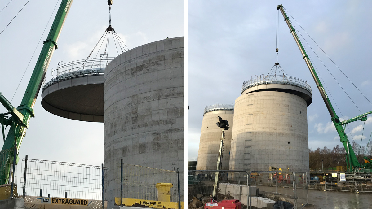 Lifting the digester roof into place on digester 2 – Courtesy of YWS