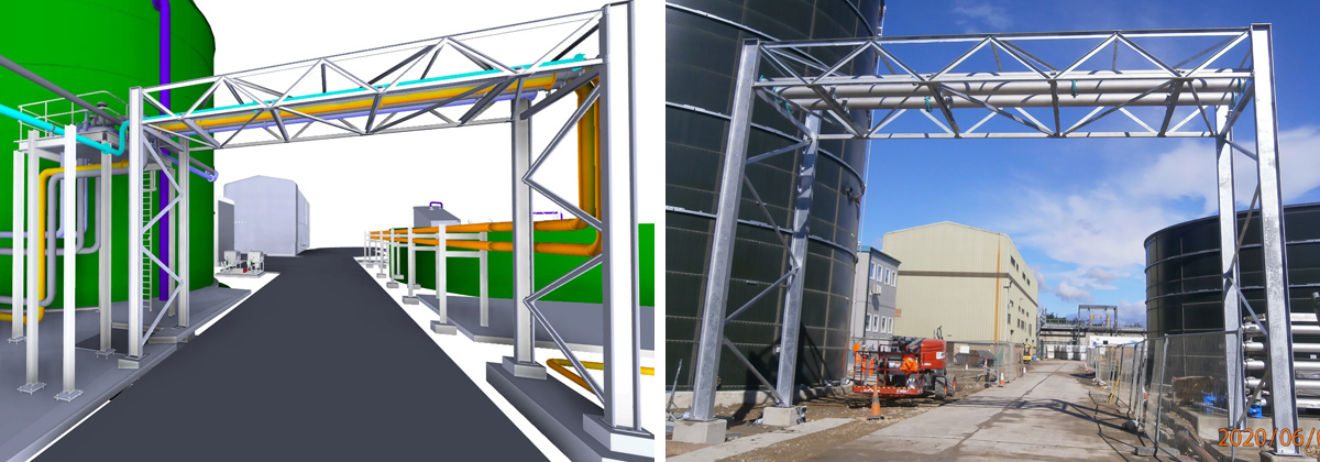 (left) 3D render of pipe bridge from the digester feed tank to the return liquor treatment plant area - Courtesy of Murphy Process Engineering, and (right) and as built - Courtesy of YWS