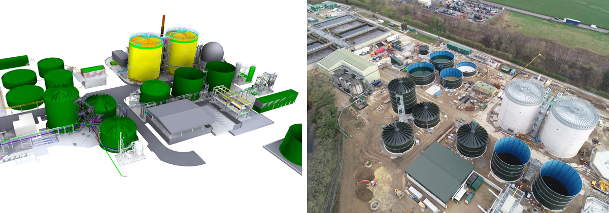 (left) 3D render of the site - Courtesy of Murphy Process Engineering, and (right) as built - Courtesy of YWS