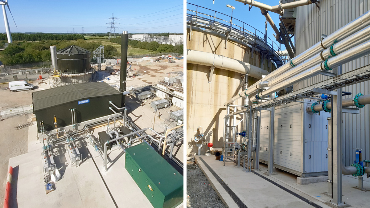(left) New digester boiler house and liquid imports tank and (right) new digester heat exchanger and pipework - Courtesy of MMB