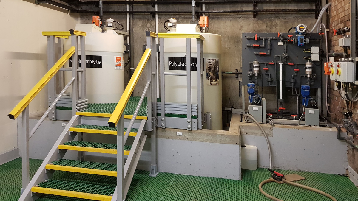 Existing poly dosing unit and day tanks - new access stairs and platform - Courtesy of Essex & Suffolk Water