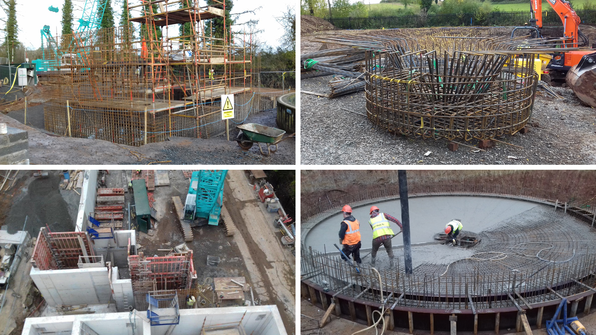(top left) Storm holding tank reinforcement erecting, (top right) FST hopper reinforcement (bottom right) concrete pouring of base slab of hopper, and (bottom left) inlet works partly constructed and formwork erecting - Courtesy of GEDA Construction
