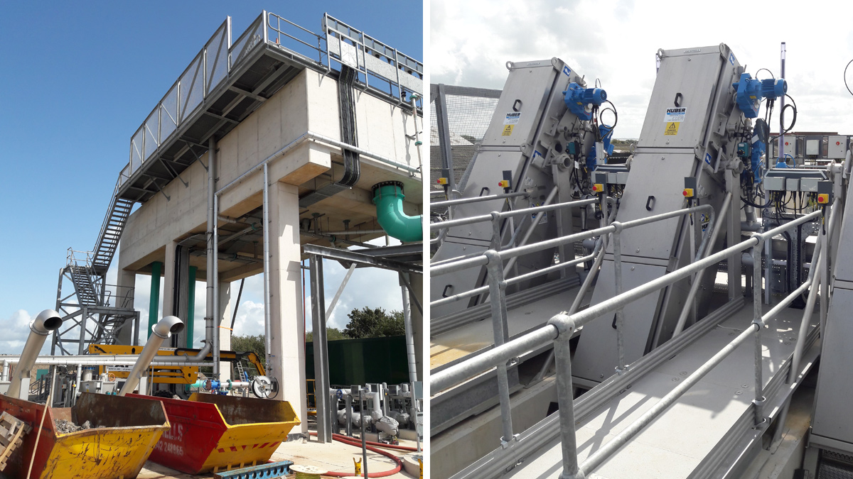 Morecambe WwTW - August 2019: (left) elevated inlet works and (right) inlet screens - Courtesy of United Utilities
