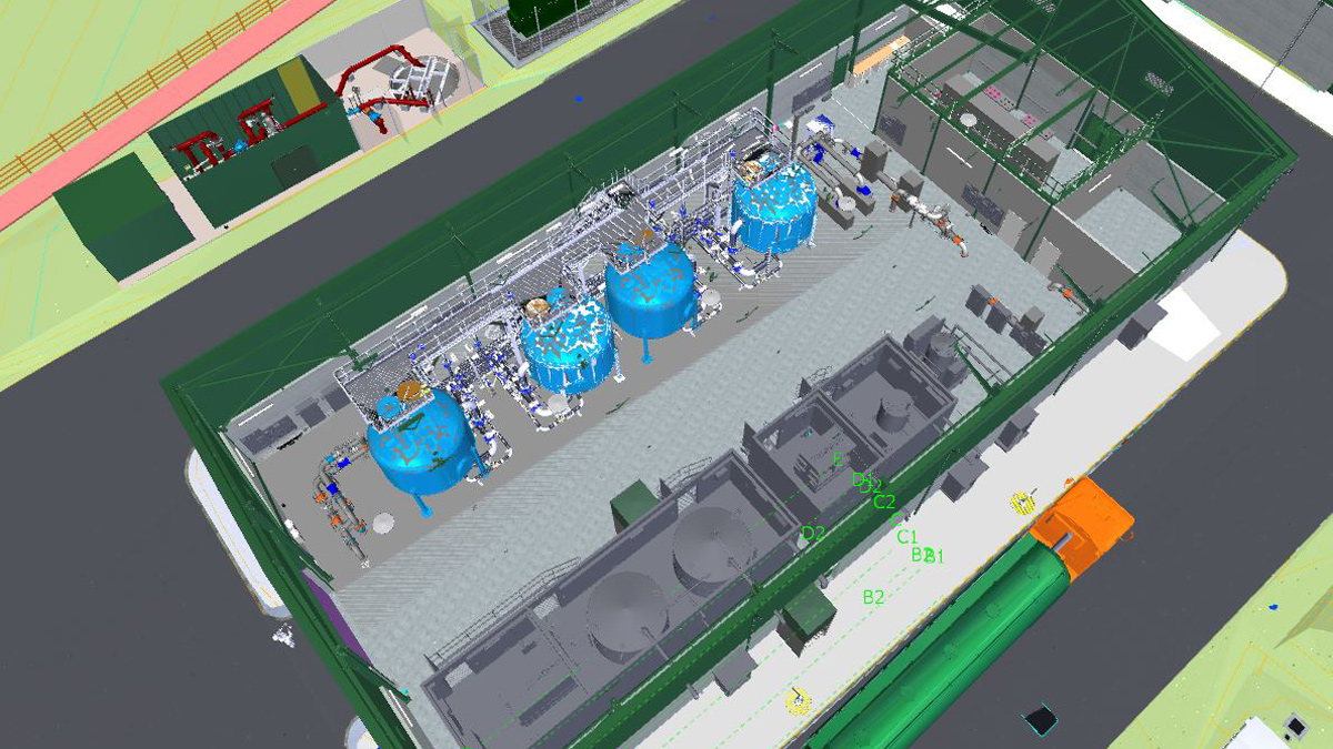 Image from the site model, showing the process units within the treatment building - Courtesy of MMB