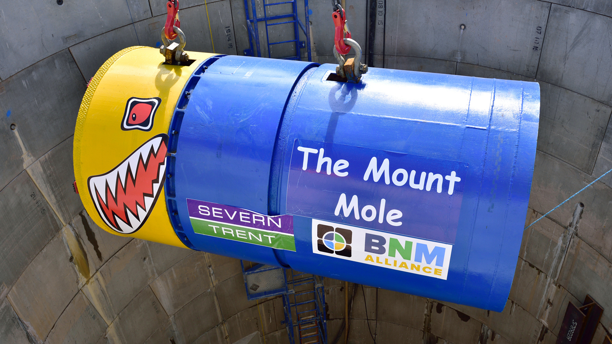 Iseki Unclemole TBM named in local school competition, being lowered into shaft - Courtesy of Severn Trent