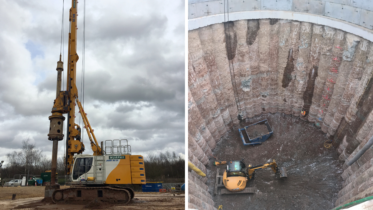 (left) Drilling of secant piles to form shaft and (right) excavation of secant pile shaft - Courtesy of Severn Trent