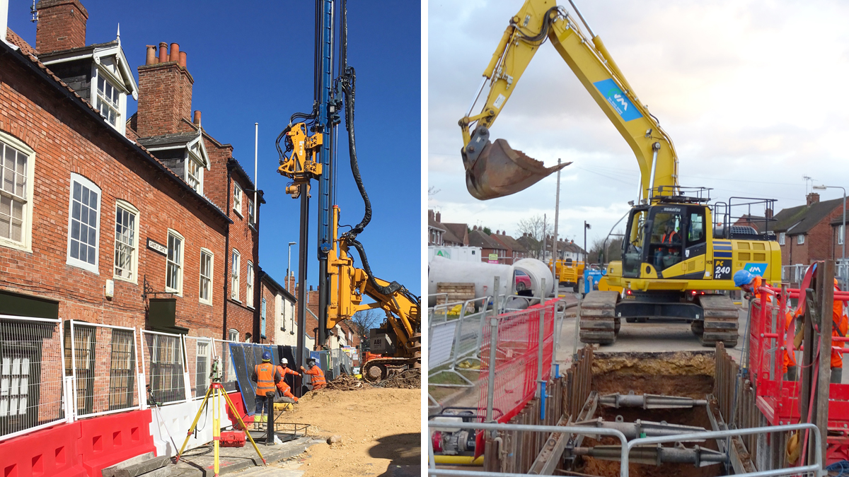 (left) Installation of sheet piles in close proximity to existing buildings and (right) sewer upsizing by open cut methodology in South Newark - Courtesy of Severn Trent