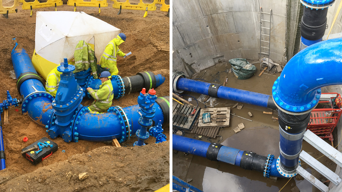 (left) Valve Installation and connection of the new mains to the existing water network and (right) pipework in caisson shaft at railway crossing, prior to backfilling - Courtesy of Severn Trent