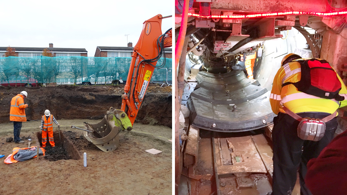 (left) Archaeologists discovered a defensive ditch at one of the shaft locations and (right) a BBC cameraman videoing the segment handler of the Lovatt TBM during one of their visits - Courtesy of Severn Trent