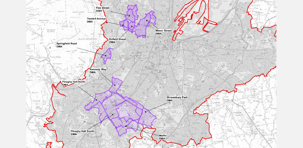 Belfast City water (district) metered areas included in pilot project highlighted in purple - Courtesy of NI Water
