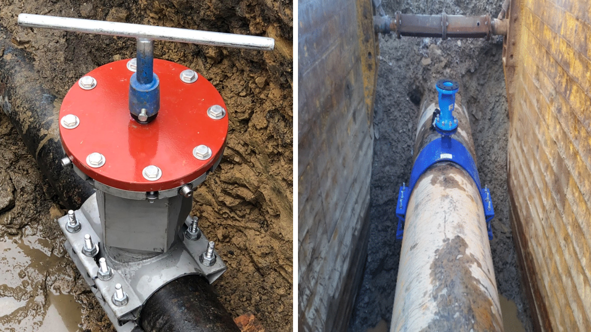 (left) Inline valve installed under-pressure with no customer interruptions and (right) under-pressure drilling of a spun iron water main - Courtesy of NI Water