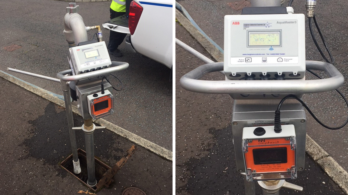 (left) Intelligent standpipe display units and (right) close up of LCD display and turbidity sensor (orange display) below - Courtesy of NI Water
