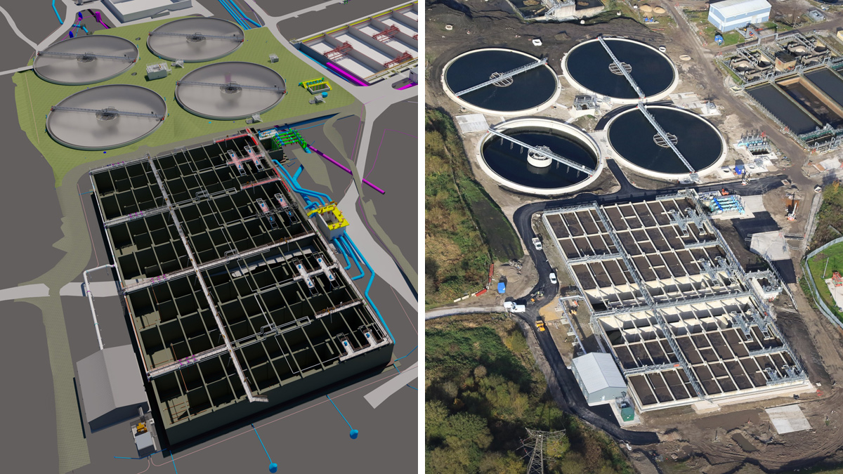 (left) Extract from the 3D model showing the Oldham ASP and FST 1-4 - Courtesy of Black & Veatch, and (right) aerial photograph of the constructed ASP and FSTs - Courtesy of United Utilities
