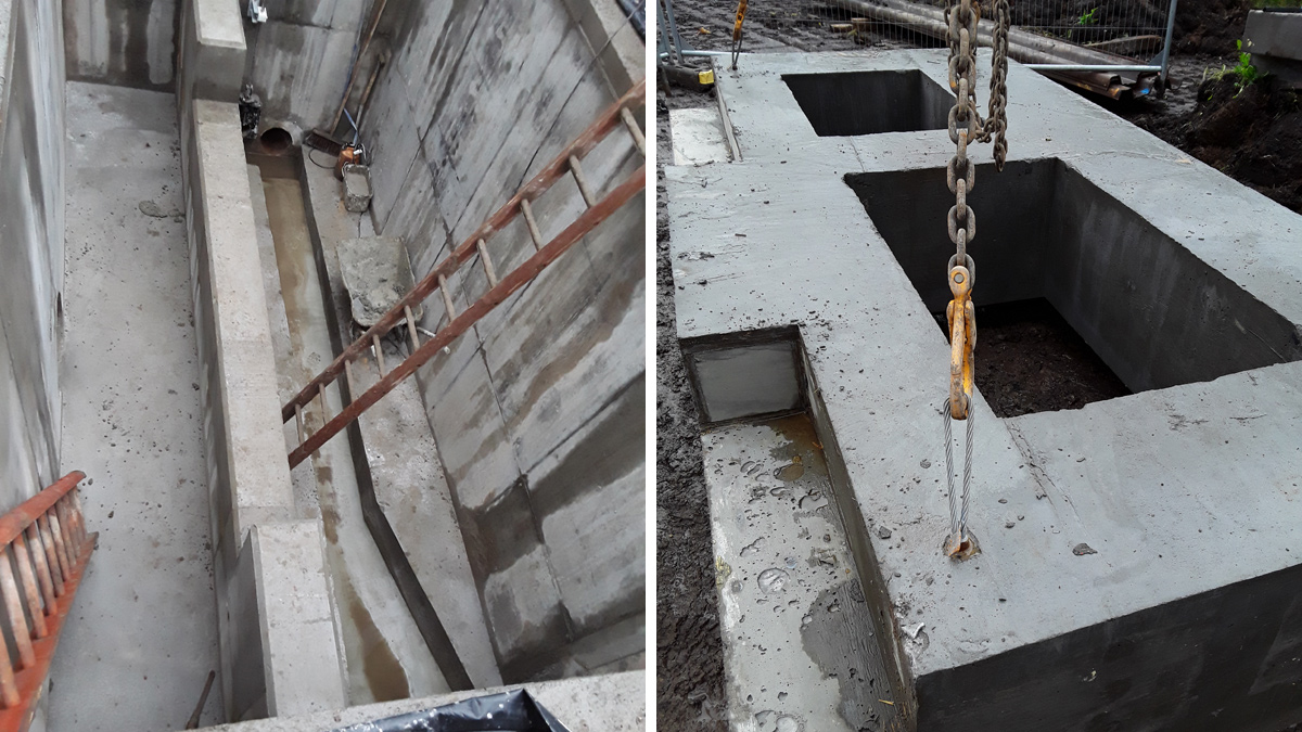 (left) New CSO construction showing weir wall and (right) the new CSO showing one portion of the cover slab - Courtesy of Esh-Stantec