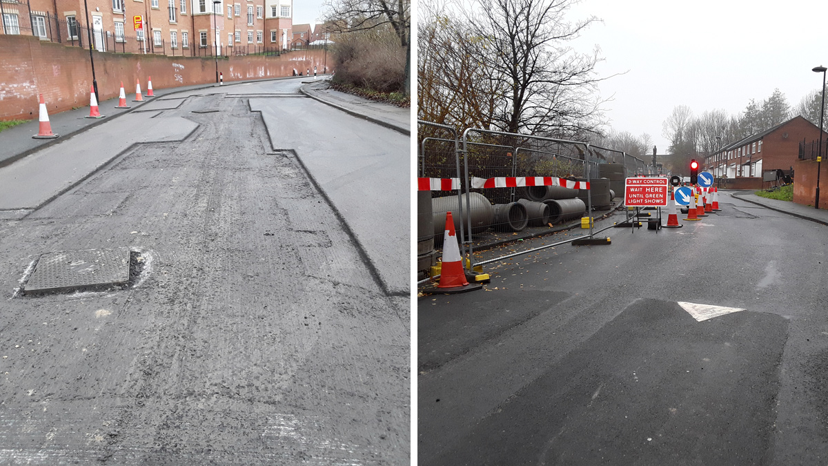 (left) Final resurfacing after an adjusted surface water sewer route and (right) considerate traffic management and partial road closures - Courtesy of Esh-Stantec