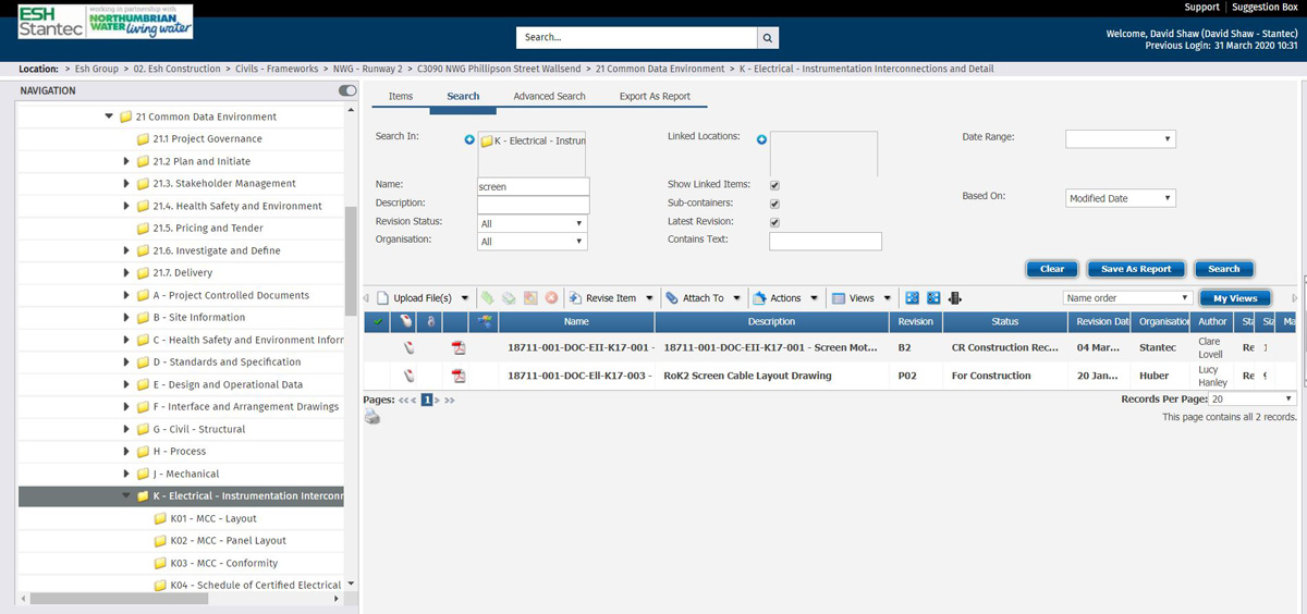 Screenshot of the Common Data Environment on Viewpoint, including construction data uploaded directly by the screen supplier Huber - Courtesy of Esh-Stantec