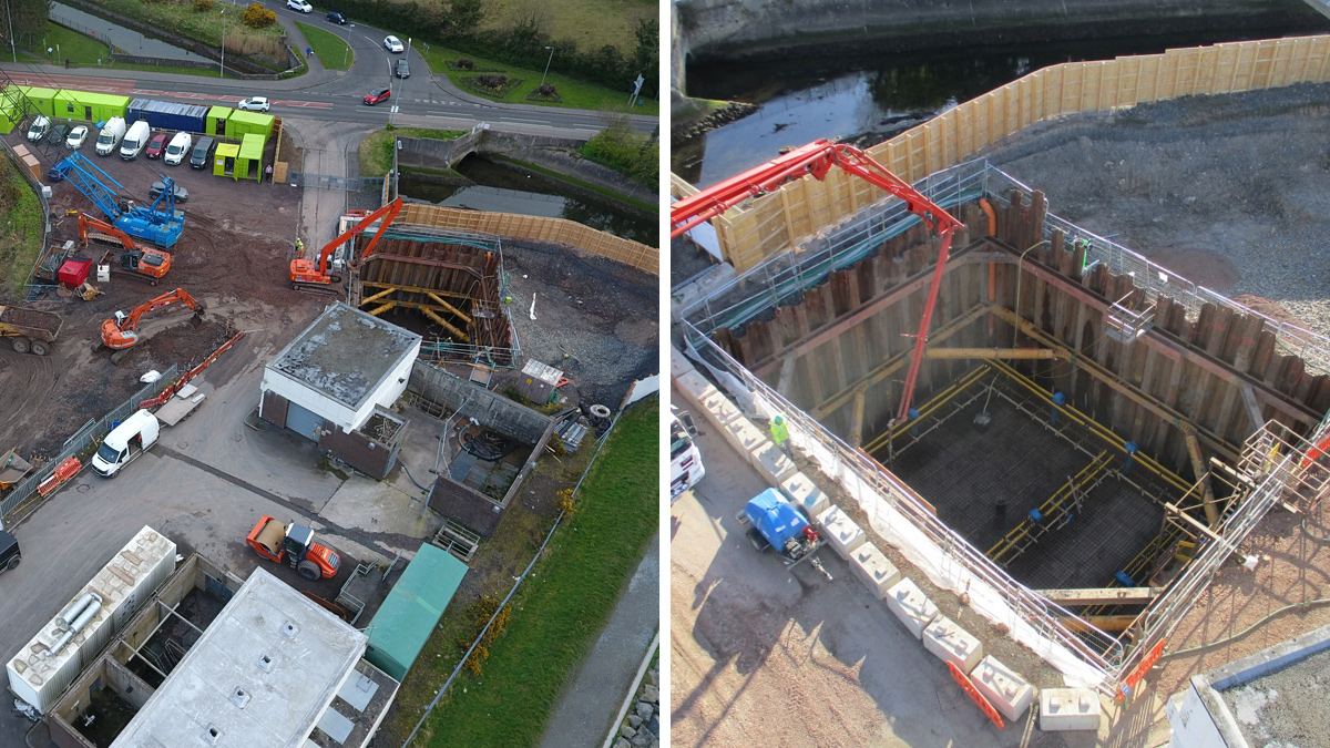 (left) Early construction works Portaferry Road WwPS and (right) excavation to depth of 10.5m and the start of the reinforced concrete pour - Courtesy of NI Wate