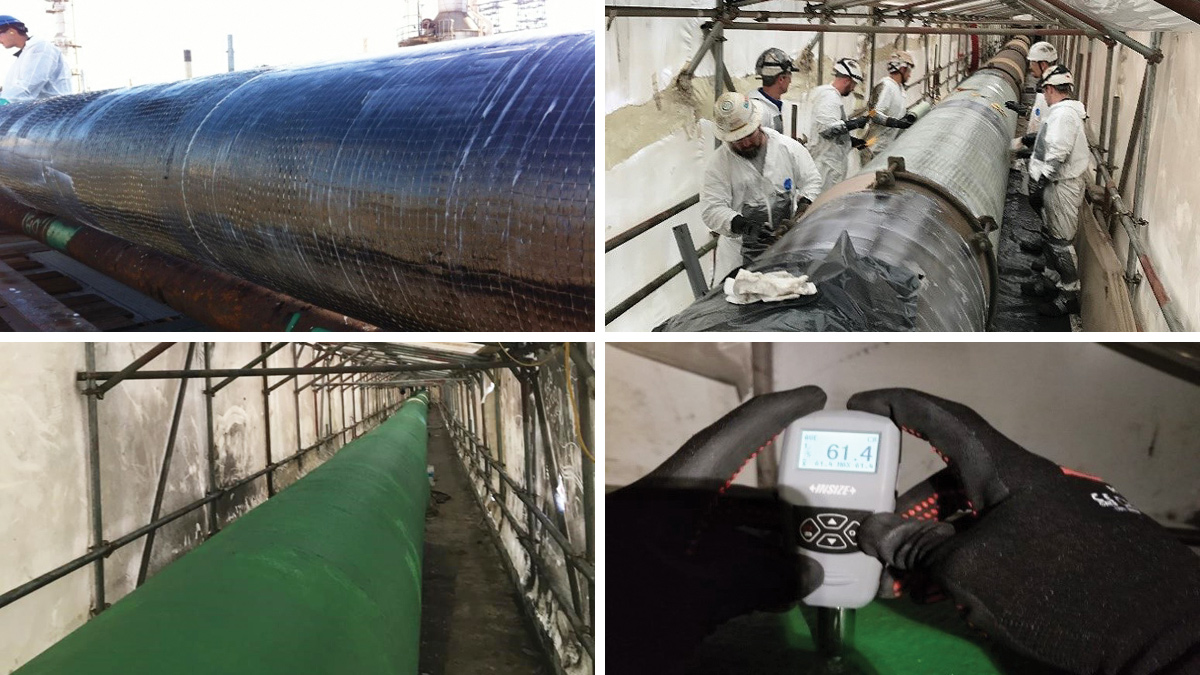 (top) Examples of installation of CFRP/GFRP System and (bottom left) completed installation and (bottom right) Shore D hardness testing - Courtesy of aBV