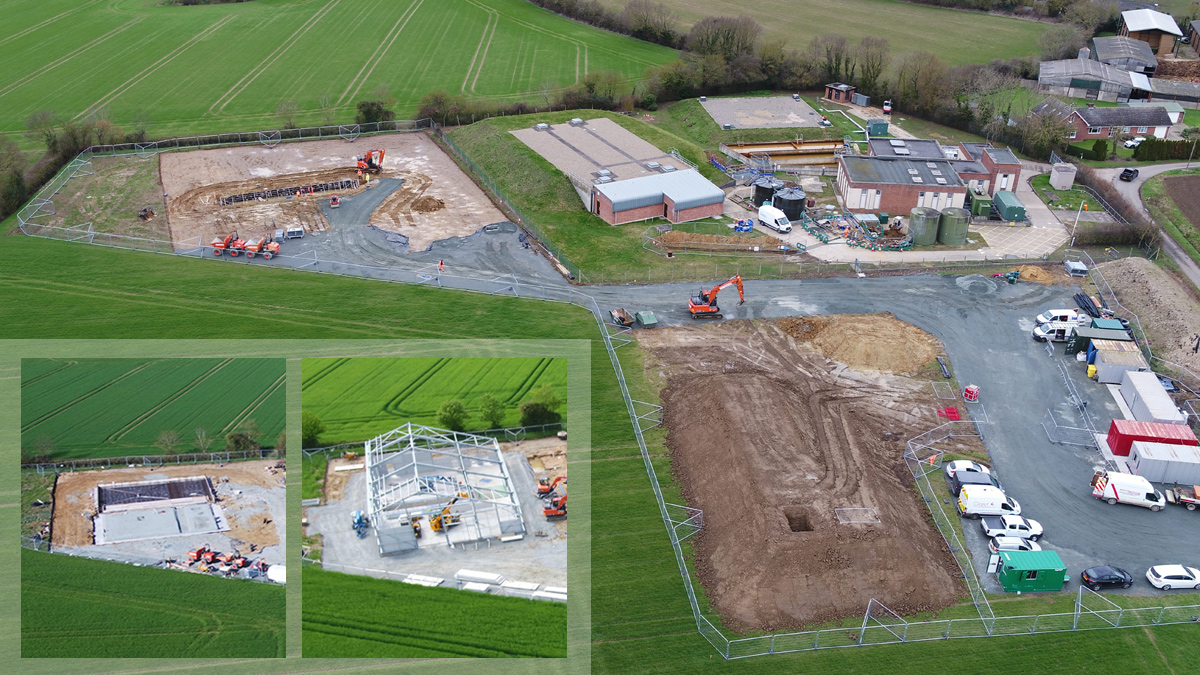 The main photograph (8 March 2019) shows the construction area for the new water treatment works. Top right shows the existing plant and bottom right shows the construction compound; rented for the duration of the build. The inset (left) shows progress on 1 April 2019 and the inset (right) from 16 May 2019 shows the steel frame of the WTW - Courtesy of Essex & Suffolk Water