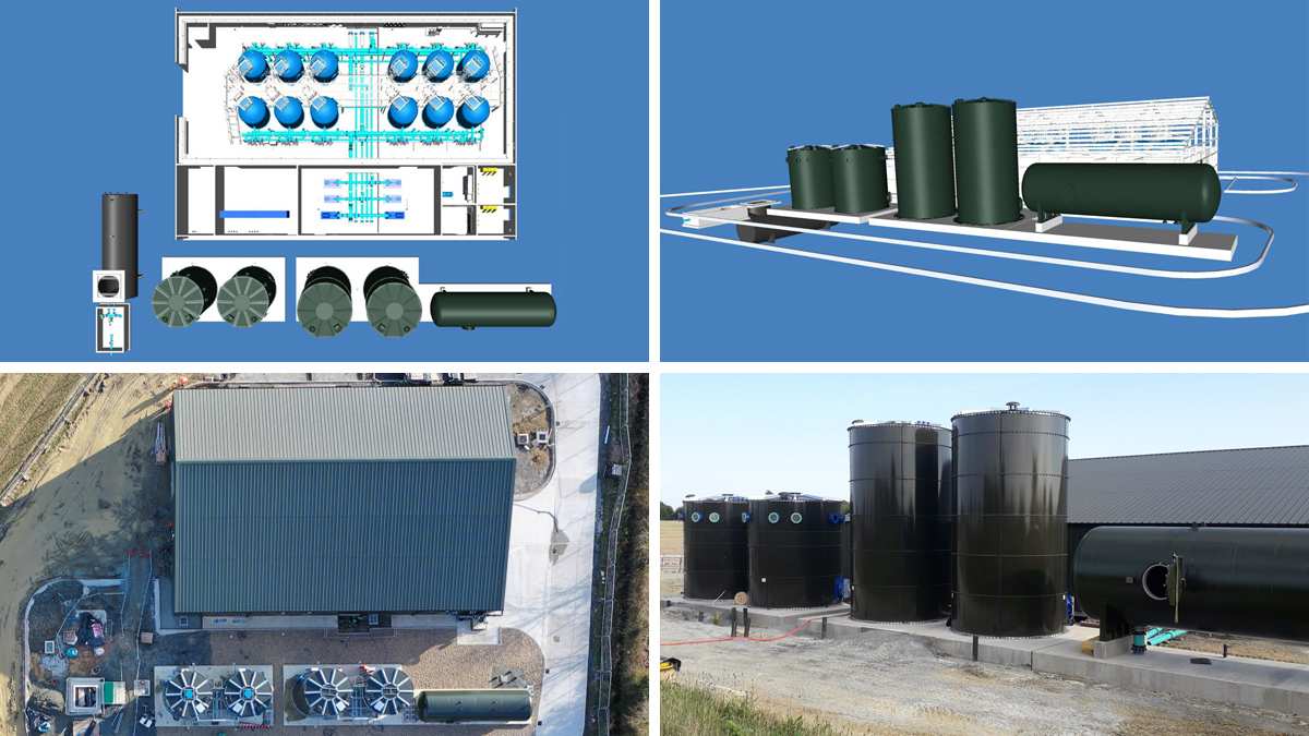 4D model and as built (left) the plan view and (right) from left to right the two aeration tanks, the primary and secondary filter backwash tanks, and the chlorine reaction vessel - Courtesy of Essex & Suffolk Water