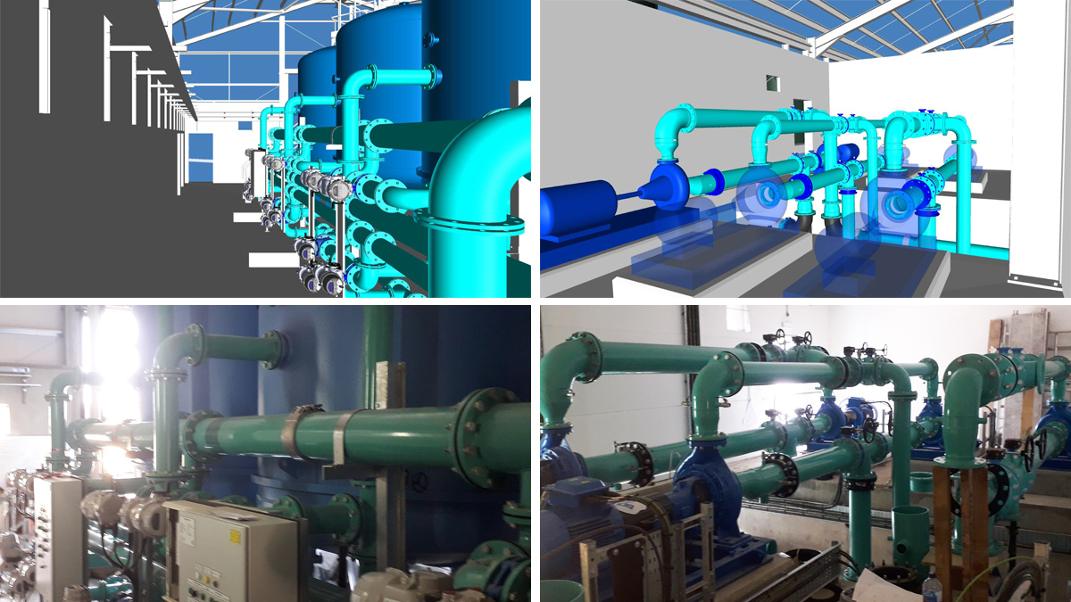 4D models and as built (left) primary filters and pipework and (right) the plant room with six VSD pumps and two positive displacement air blowers - Courtesy of Essex & Suffolk Water