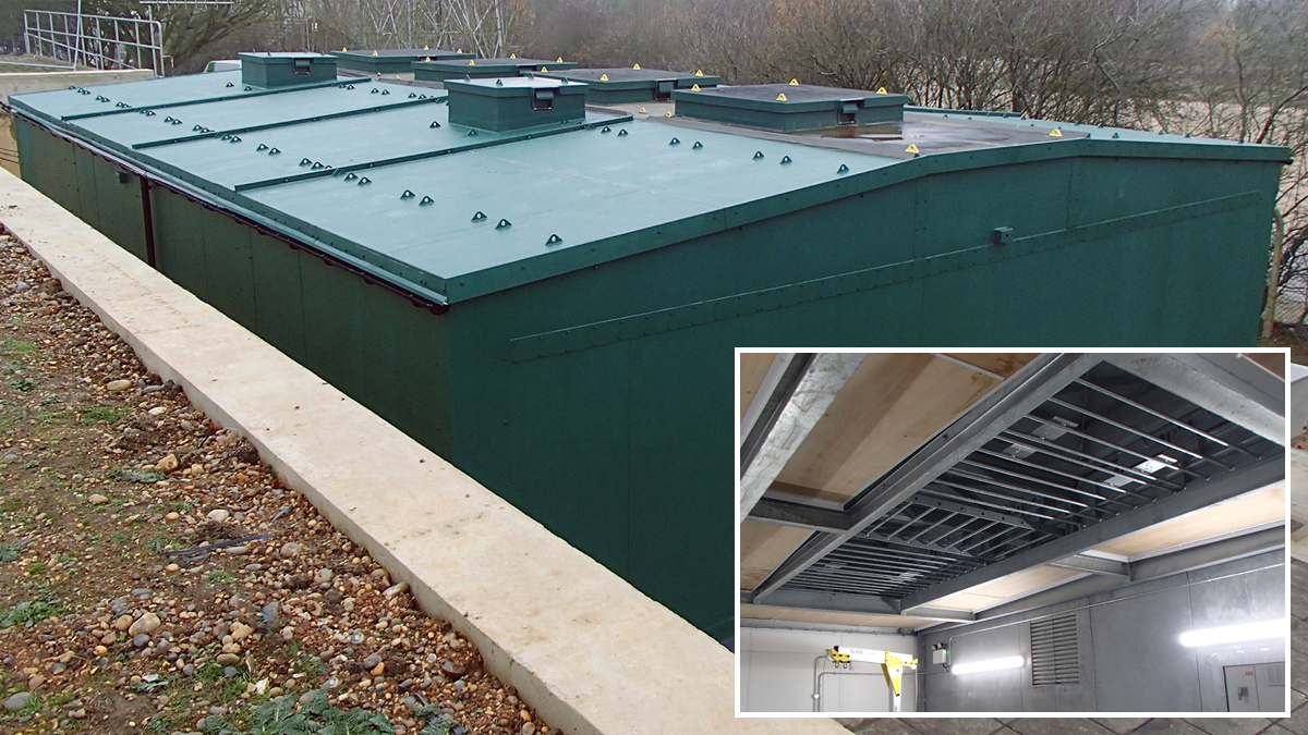 A modular building, measuring 11000mm long by 8600mm wide by 3150mm high, designed with a roof assembly that can be removed in sections or completely for flexible plant access. Inset photo shows roof support beams and fall protection grids positioned below the roof access hatches