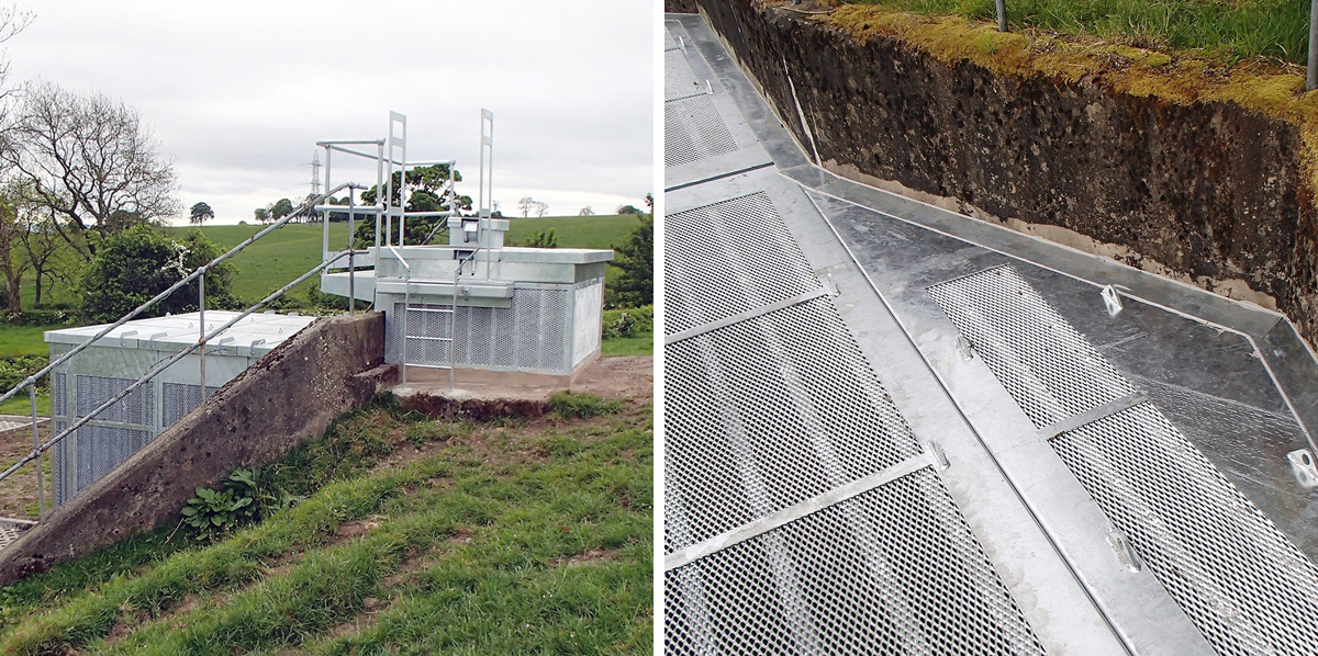 The larger of these two special mesh enclosures has an irregular footprint and roof system to fit securely to an existing wall structure (see roof detail in righthand image)