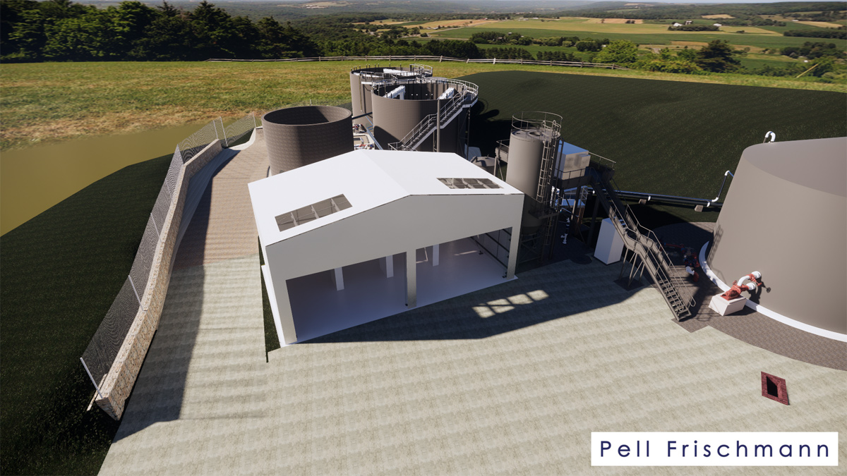 Revit 3D image of the sludge barn, lime silo and un-thickened sludge tank - Courtesy of Pell Frischmann