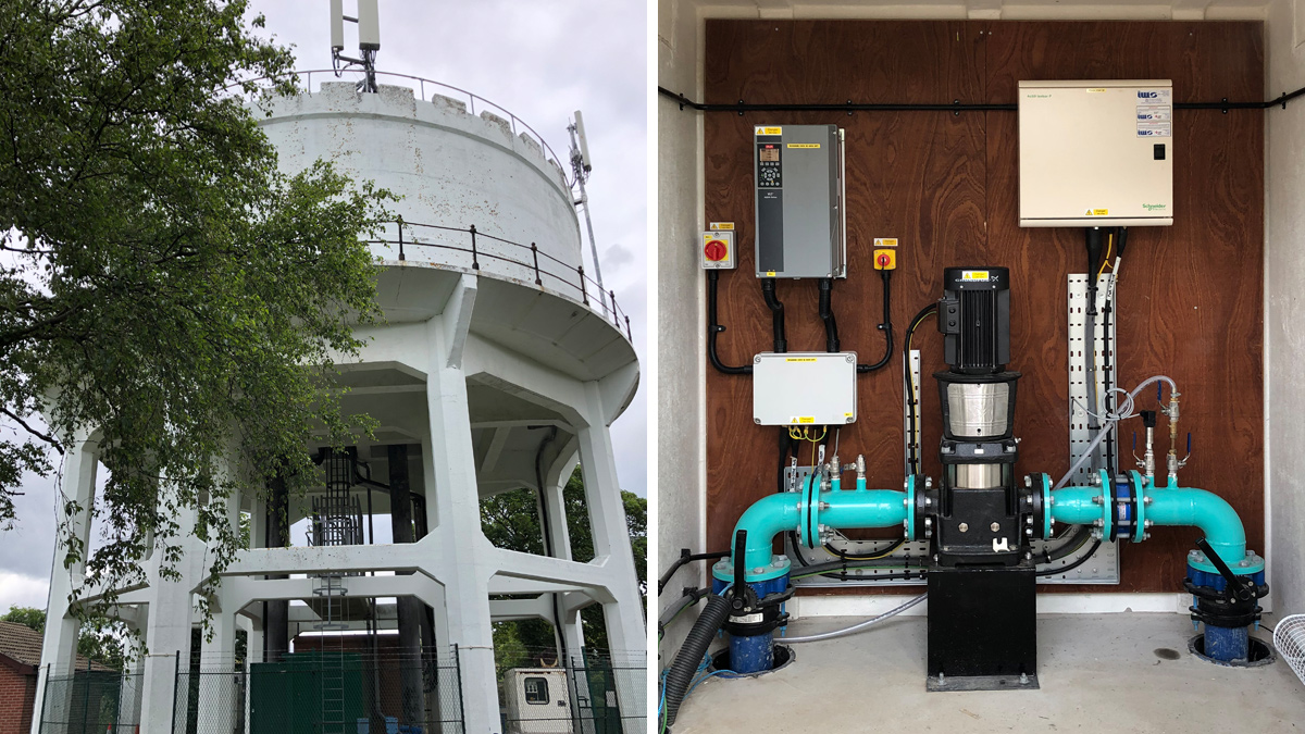 (left) Hollingsworth Road Water Tower and (right) the new booster pumps - Courtesy of Essex & Suffolk Water