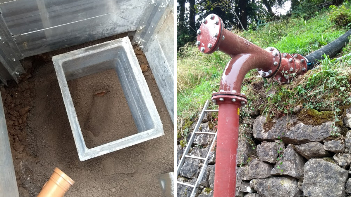 (left) Work on an inspection chamber for a private connection on to the new S101a sewer and (right) part of the overland pipe network constructed to reduce open-cut trenching through Gulliver’s Kingdom’s terraced car parks - Courtesy of Galliford Try