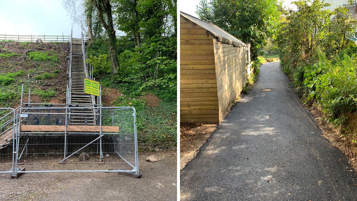 (left) Scaffold staircase providing a safe means of access to the place of work and (right) final reinstatement of Upperwood Road - Courtesy of Galliford Try