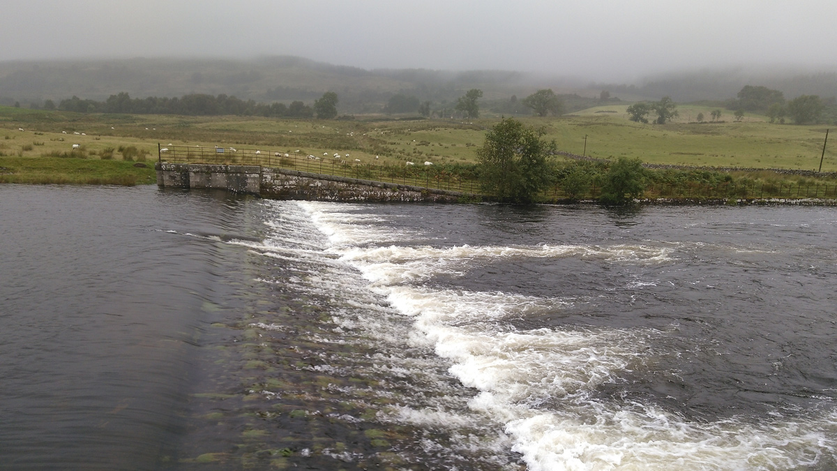 Overflow weir in spill, September 2019 - Courtesy of the Loch Venachar project team