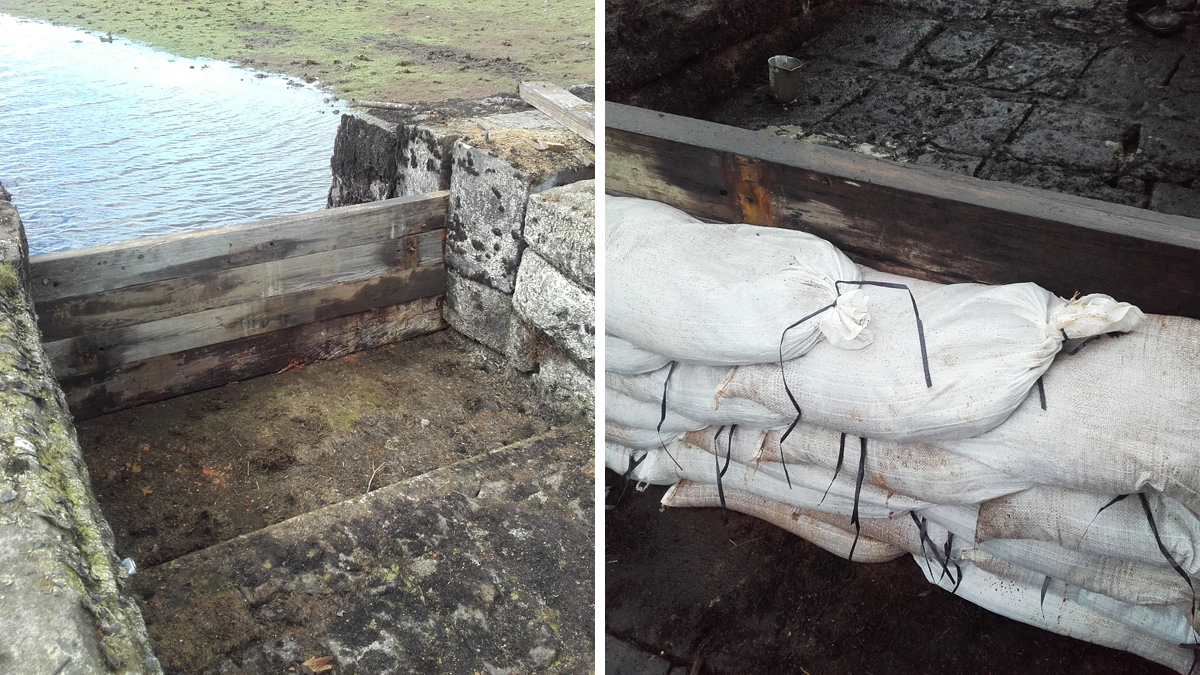 (left) Stop log arrangement to protect channel from flooding during works and (right) sandbagging arrangement to protect channel from flooding during works - Courtesy of the Loch Venachar project team