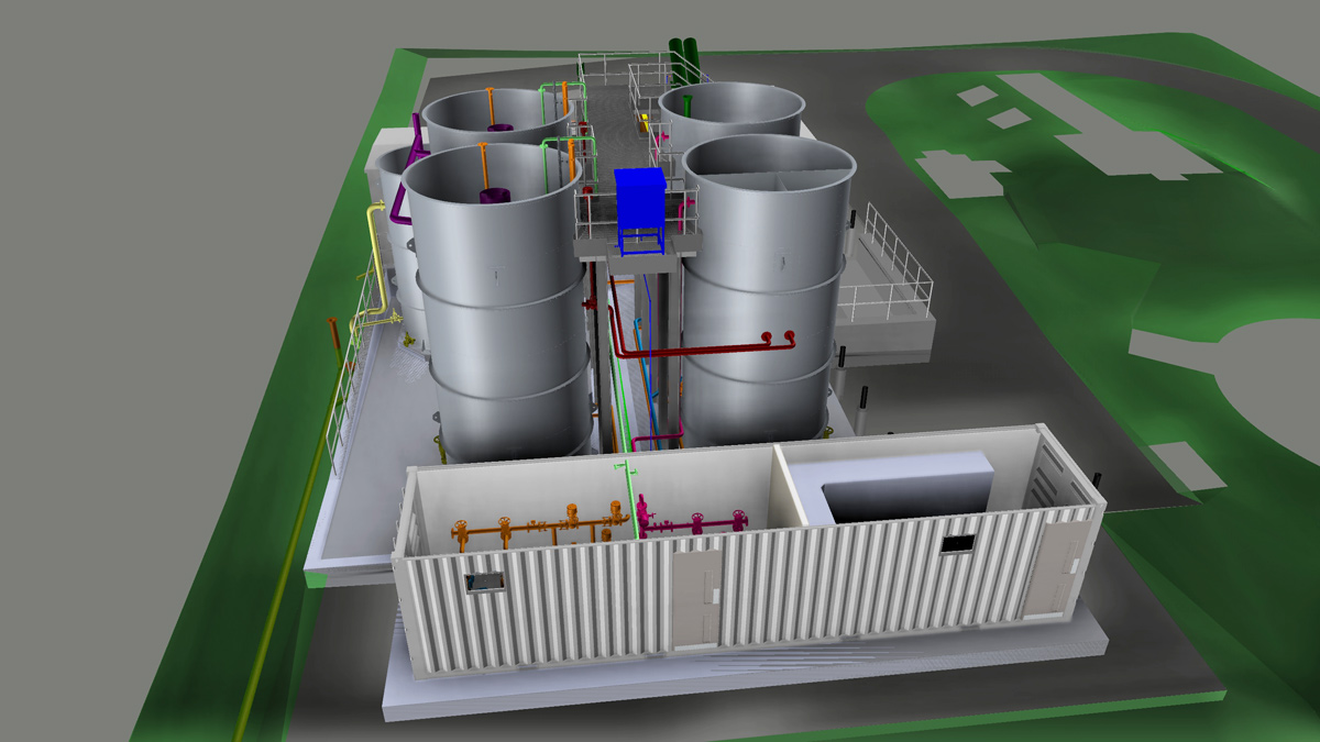 Extract from 3D model showing control building (with roof removed) and Nereda® reactors - Courtesy of United Utilities
