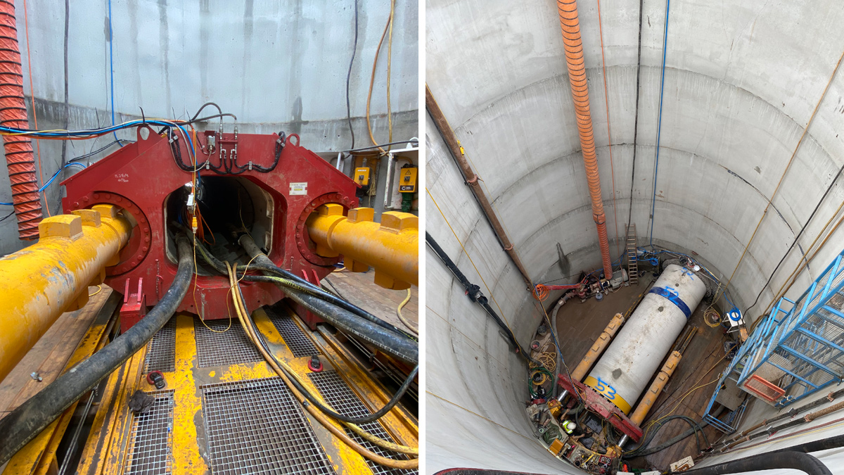 (left) Tunnel jacking frame and (right) view of launch shaft - Courtesy of Ward & Burke