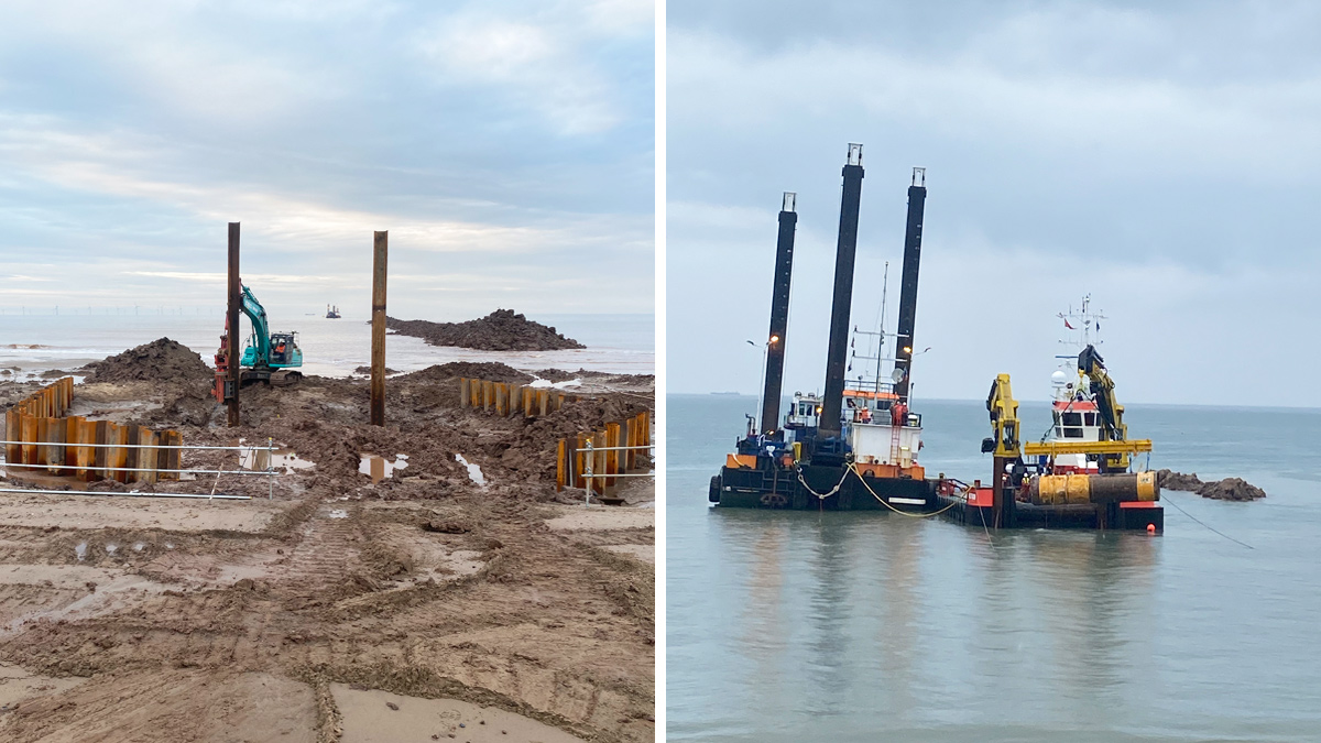 (left) Fender piles installation at reception pit and (right) TBM retrieval - Courtesy of Ward & Burke